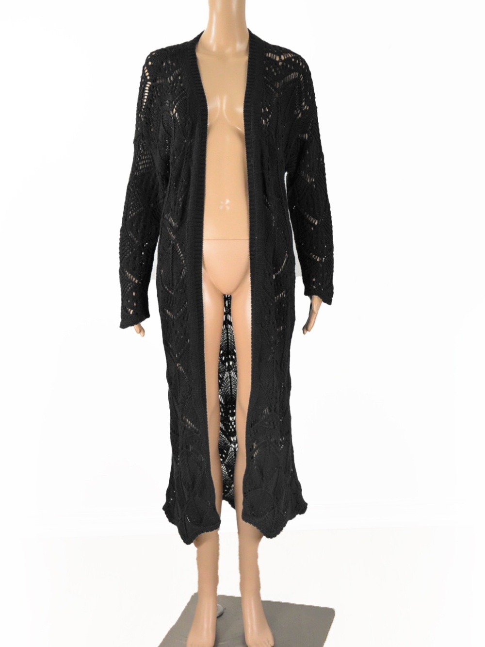 The Kooples Black Crochet Knit Long Open Cardigan
